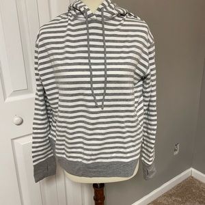 Pure Barre gray and white striped hoodie with open back size medium.